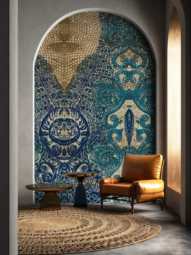 Papier peint d'artiste Dentelle bleue sur-mesure par Charlotte Massip
