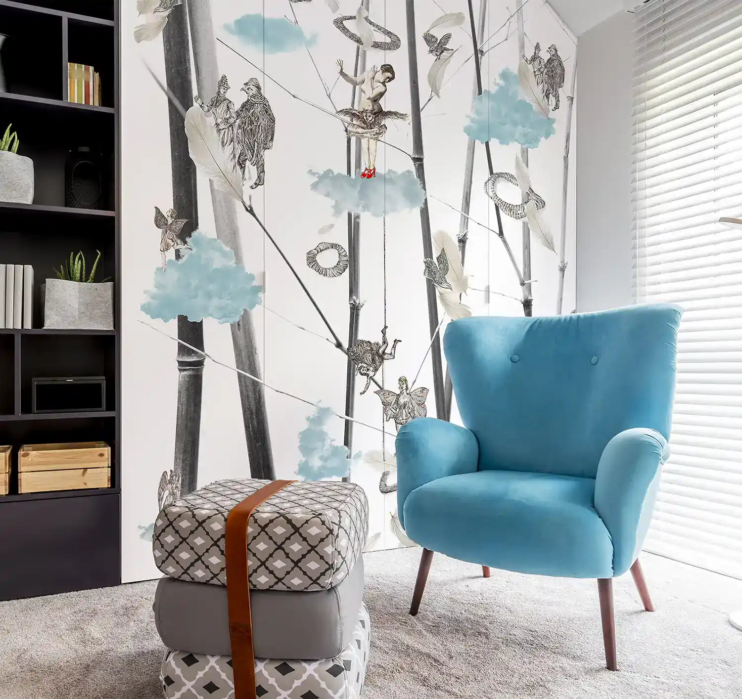 Papier peint Entre bambous et nuages – illustration graphique sur-mesure par Charlotte Massip