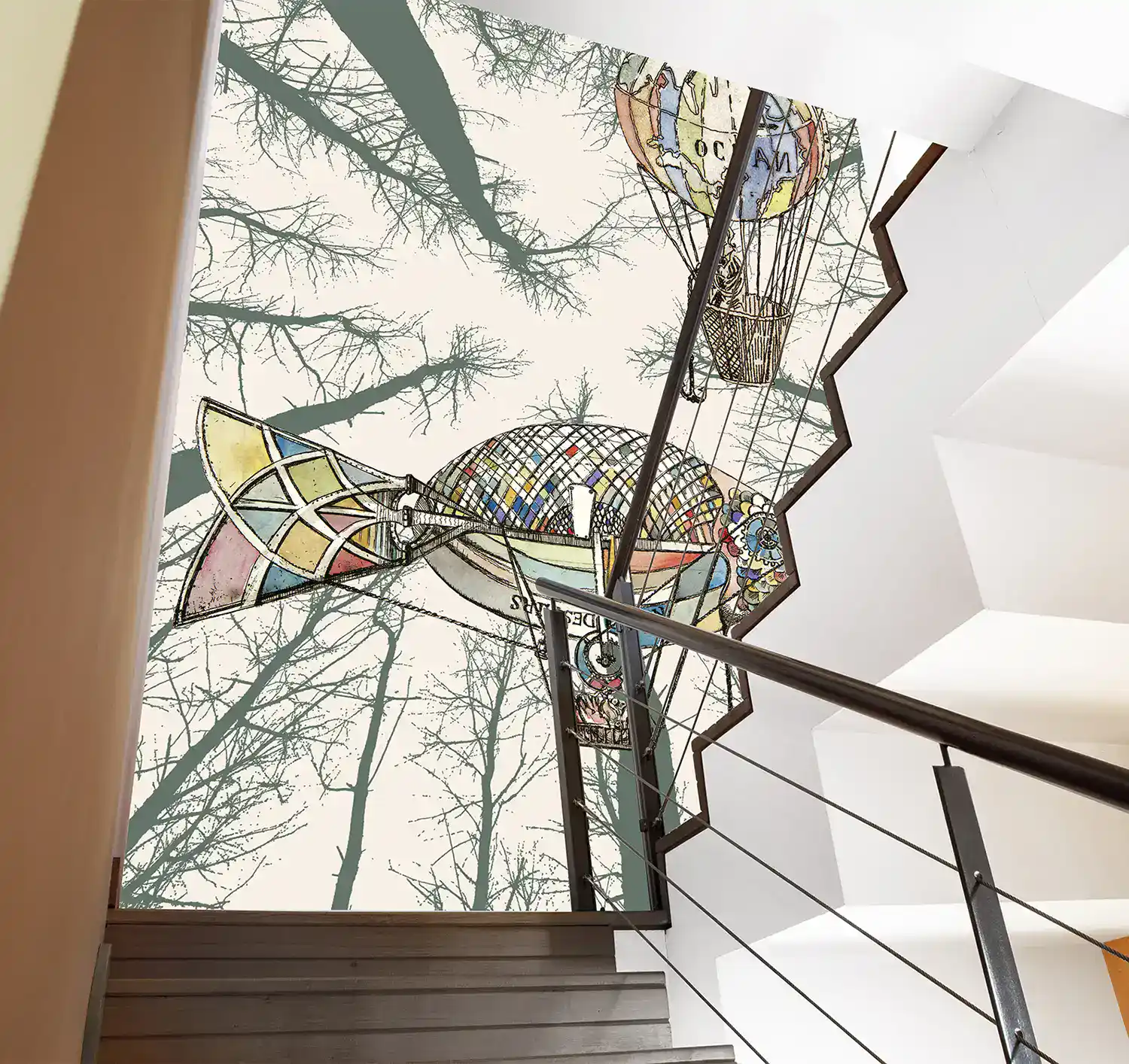 `Papier peint Vol en forêt –escalier- composition graphique sur-mesure par Charlotte Massip`