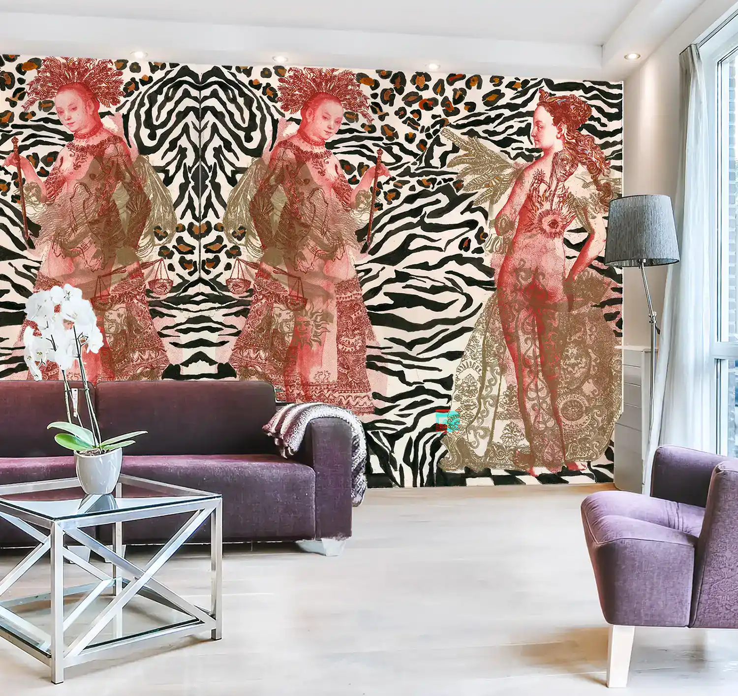 Papier peint Dames fauves – femmes et motifs animaliers sur-mesure par Charlotte Massip`